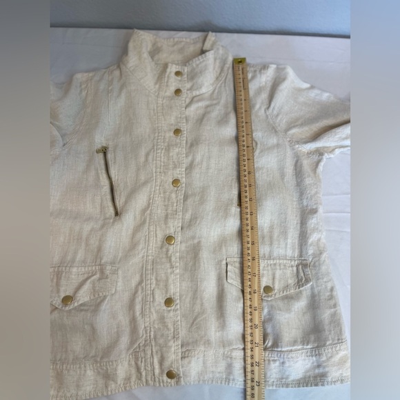 Chico's 100% Linen Size 2 3/4 Sleeve Jacket Beige W/Gold Accents - Picture 7 of 12